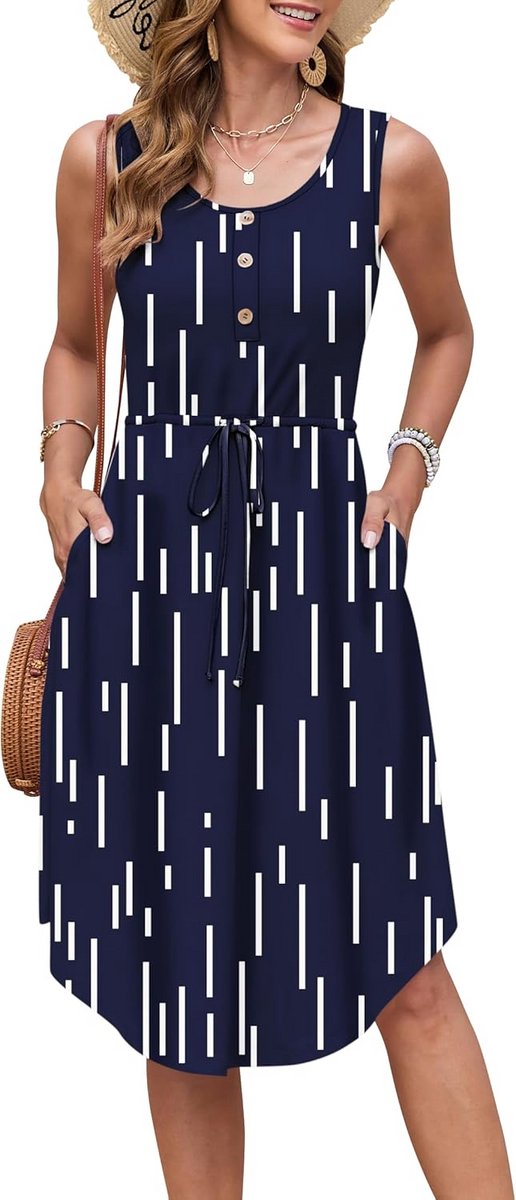 Zomerjurk Dames Mouwloos met Ronde Hals en Bloemenprint - Casual Midi Strandjurk met Zakken