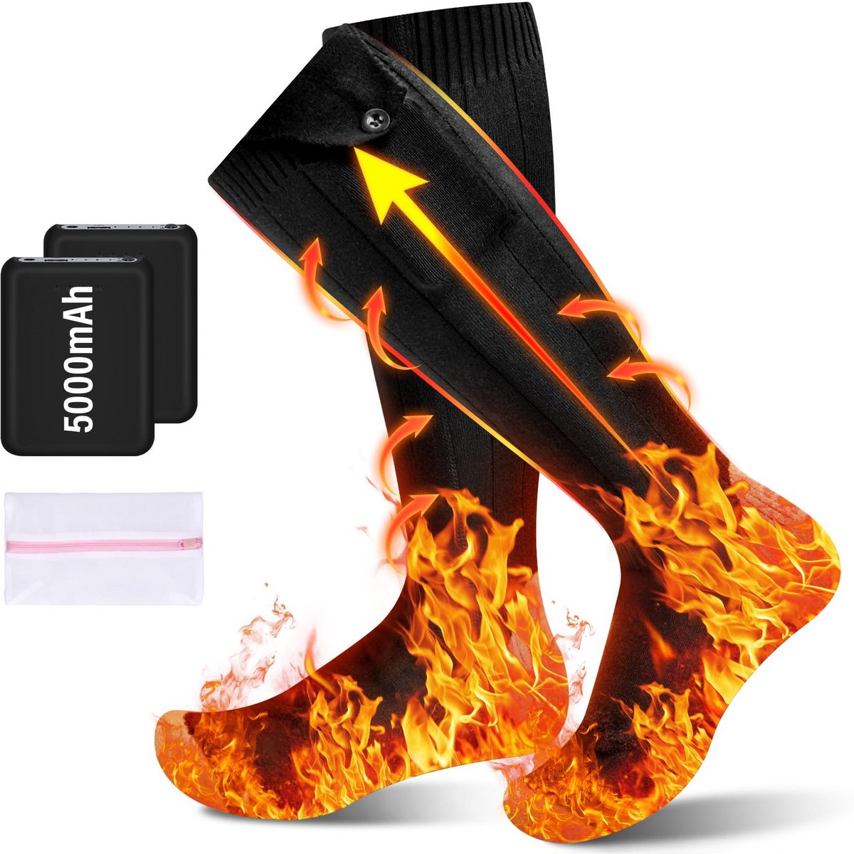 Kraftverdia Verwarmbare sokken, dikke verwarmbare sokken met 2 x 5000 mAh 5 V accu, 4 standen, verwarming, elastisch verwarmde sokken, 360° voetwarmer, wasbare verwarmde sokken voor dames en heren, 36-46, voor