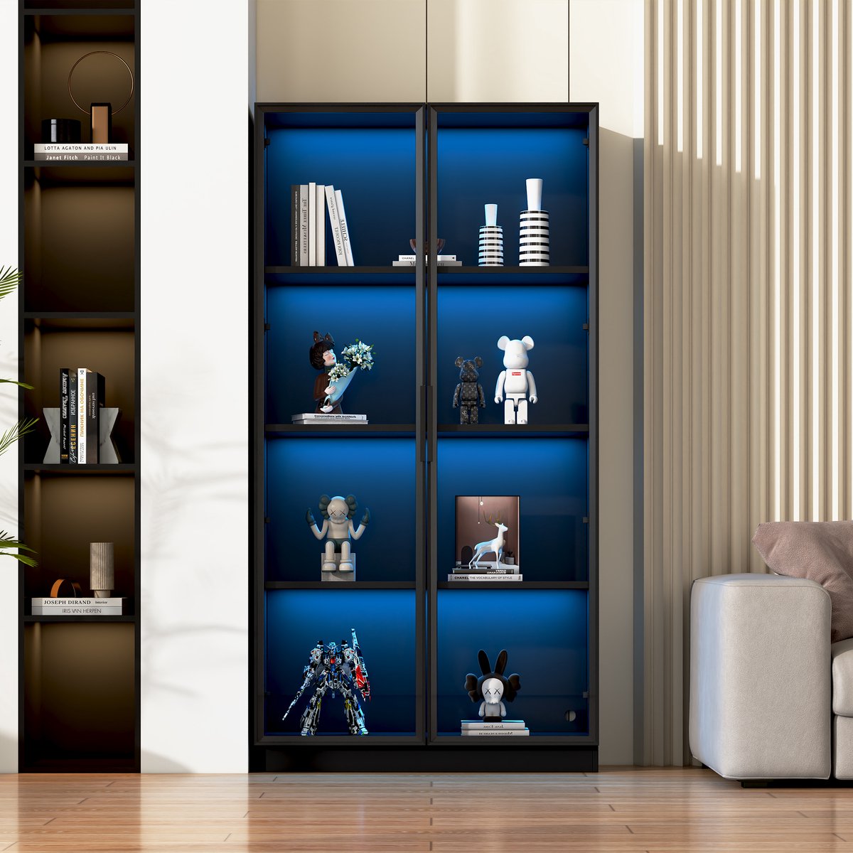 STILVORA Vitrinekast - 4-Laags Vitrinekast Met App-Gestuurde RGB LED En Verstelbare Planken - Glasdeuren Met Aluminiumframe - Spaanplaat - Zwart - 4 Deuren