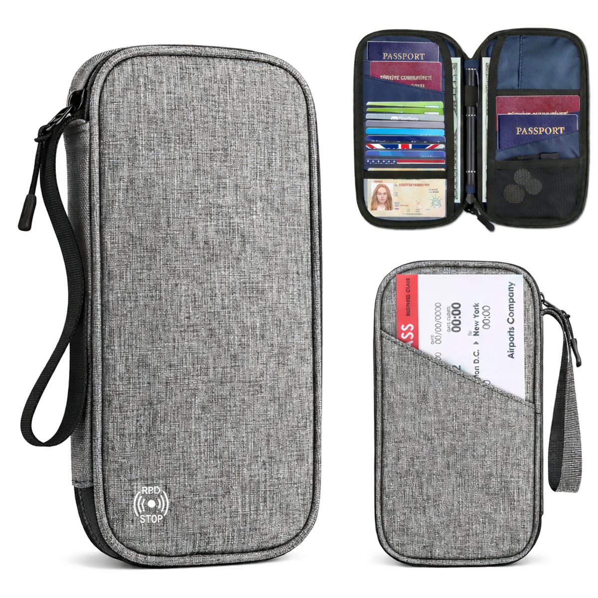 Passport Wallet Bag – Paspoorthouder – RFID Reisportemonnee – Waterdichte Paspoorthoes met Rits en Handriem – Ticket Geld Munten Houder – Lichtgrijs