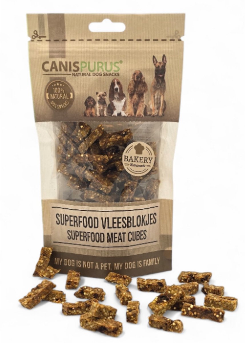 CanisPurus- Hondensnack - Superfood Vleesblokjes – Hondensnoepjes met superfoods - Graanvrije Gebakken Hondensnack