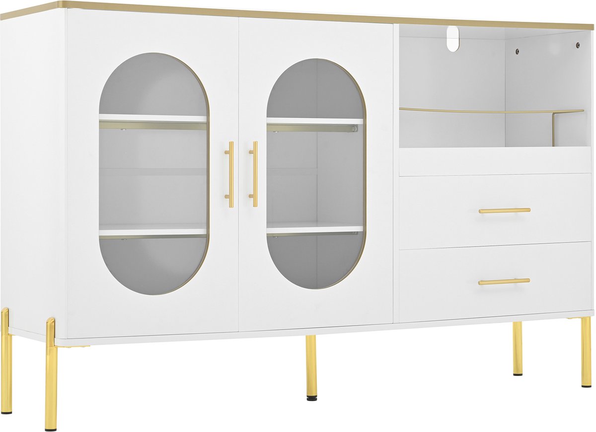 Moderne Sideboard 140 cm - Met Gouden Accenten & Glazen Deuren - Met Kabeldoorvoer & 2 Laden - Ruime Opbergkast voor Woonkamer