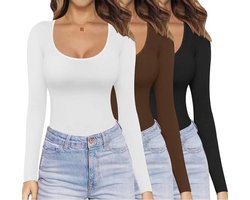 Ekouaer Dames 3-pack shirts met lange mouwen ronde hals tops stretch getailleerd ondershirt lichtgewicht basic thermisch T-shirt XS-XXL