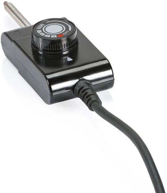 Regelbare thermostaat met aan/uit-knop en temperatuurinstellingen (MIN-OFF). Zwart omhulsel met kabel.