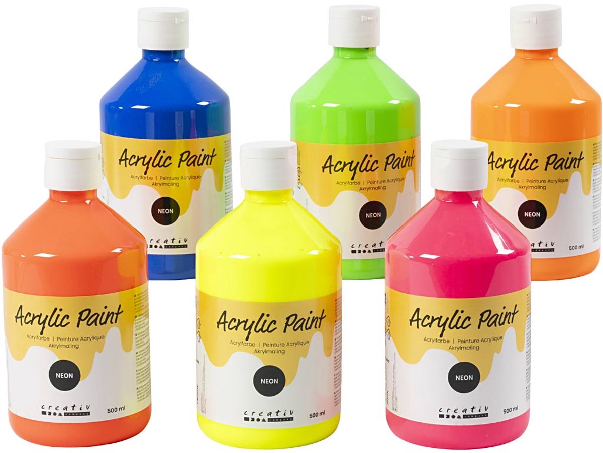 Acrylverf Neon, neon kleuren, 6x500 ml/ 1 doos