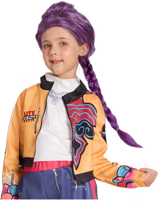 Joya Kids® K-pop Stijl Verkleedpruik Kind | Paarse Lange Vlecht Pruik voor Meisjes | Lila Staart Lang Meisje | Demonenjager Stijl | Verkleedaccessoire voor Carnaval & Halloween | Past bij Kpop geinspireerde Verkleedset
