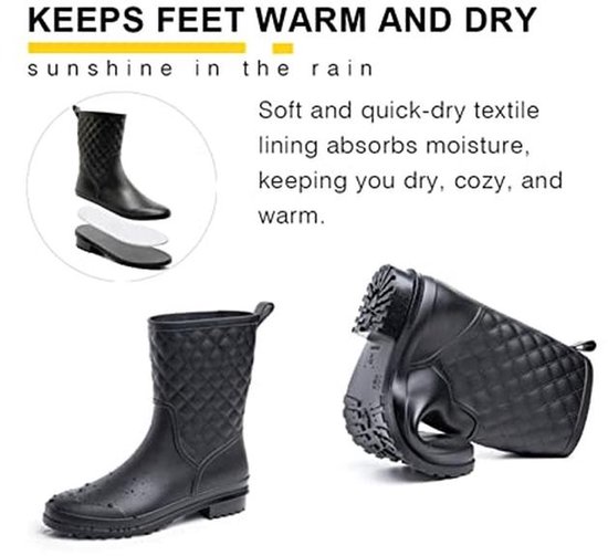 Zwarte regenlaarzen met gewatteerd schachtpatroon en flexibele rubberen zool voor warmte en droge voeten.