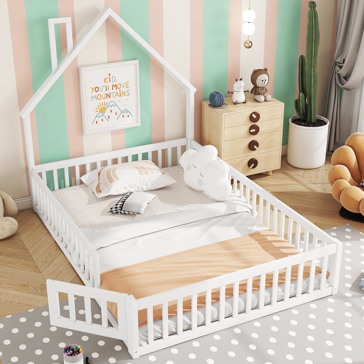 OKWISH Bed 140x200 cm - Schoorsteenbed Met Lattenbodem En Veiligheidshekje - Zonder Opbergruimte - Kinderkamer - Grenen;MDF - Wit - Zonder matras