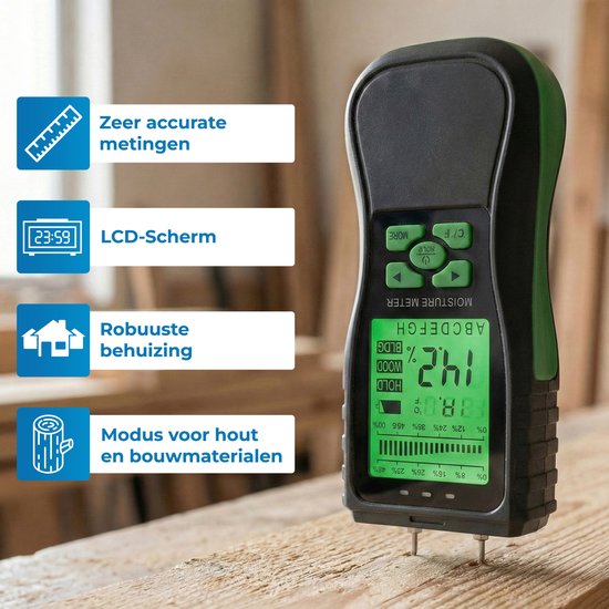Zwartgroene digitale vochtmeter met groene LCD-display en twee meetpinnen. Toont '14.2%', 'WOOD' en diverse schalen.