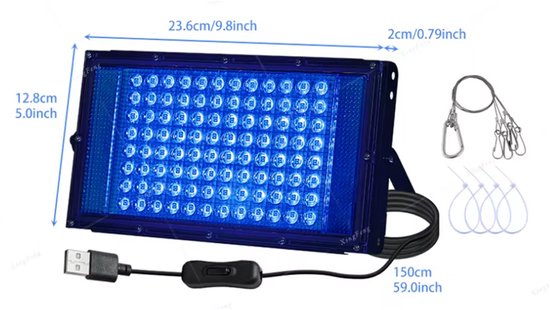 Blauwe LED lamp, 23.6x12.8cm, met USB-kabel, schakelaar en ophangset.