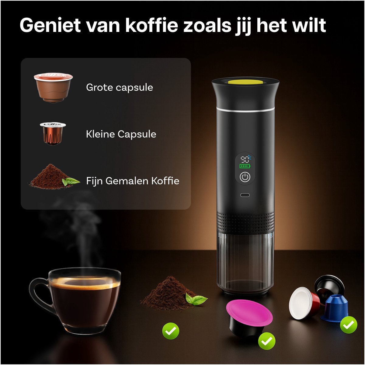 Draagbaar Koffiezetapparaat voor Onderweg van MMOBIEL - 12 Volt Portable Koffiemaker Camping- Oplaadbaar USB-C - Koffiecups & Gemalen Koffie Espresso - Lungo - Nespresso - Camping Gadget — afbeelding 5
