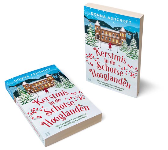 Boekomslag met "Kerstmis in de Schotse Hooglanden" titel. Een vrouw in rode jas staat voor een groot gebouw met sneeuw en kerstbomen.