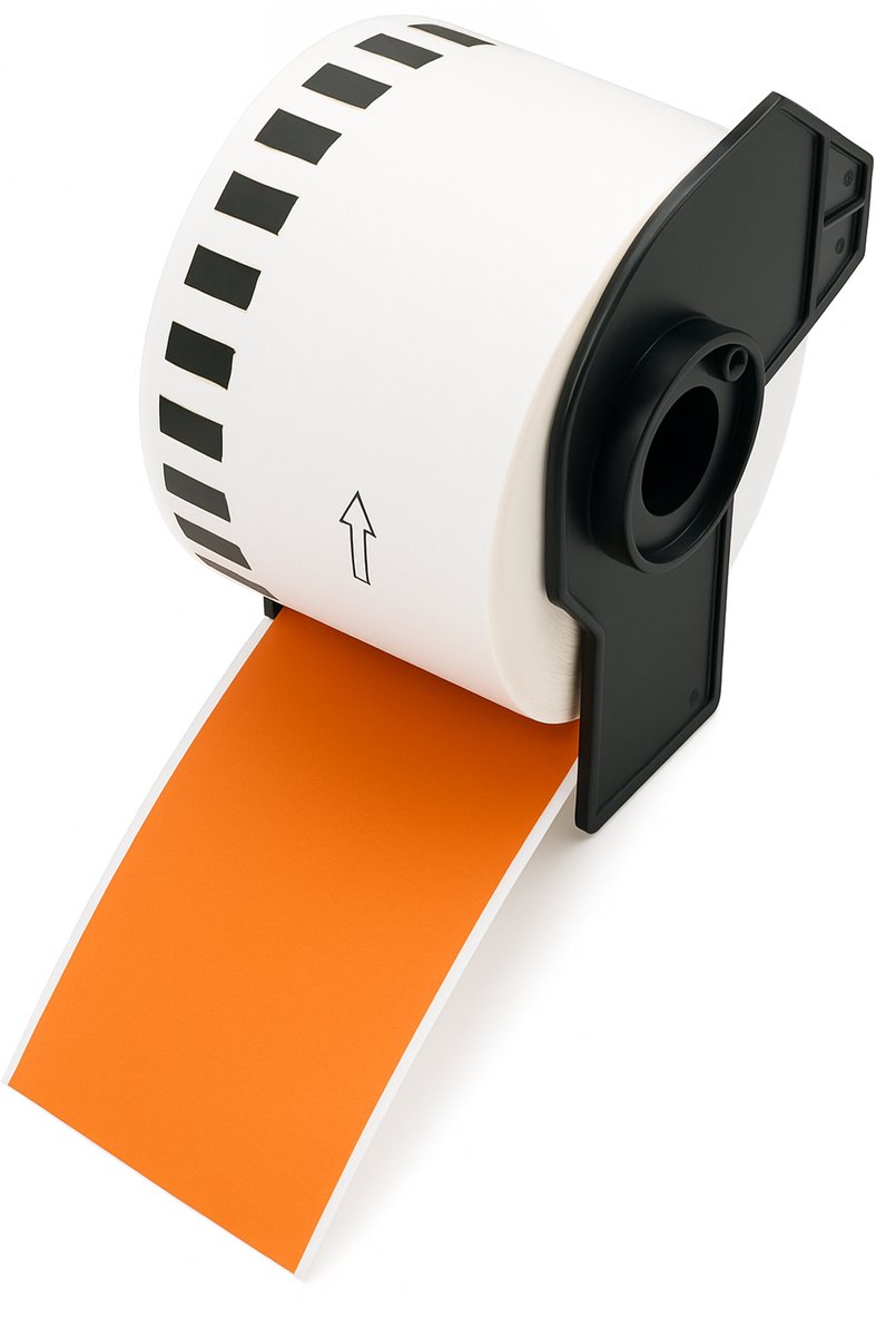 Boxstuff - Brother DK-22205 compatibele labelrollen - 62 mm x 30,48 meter - Inclusief rolhouder - Zwart op Oranje - 1 stuks