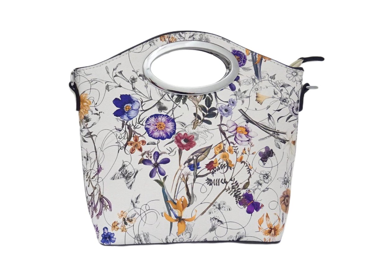 Stevige handtas met bloemenmotief 27 x 10 x 25 cm.