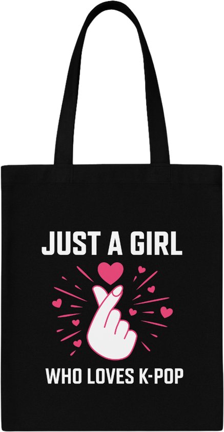 Sac fourre-tout – Juste une fille qui aime la K- Pop – Sac cabas noir – Sac K-Pop avec texte – BTS – BLACKPINK – Demon Hunters – Stray Kids – SEVENTEEN Cadeau pour fan – Cœur coréen avec les doigts