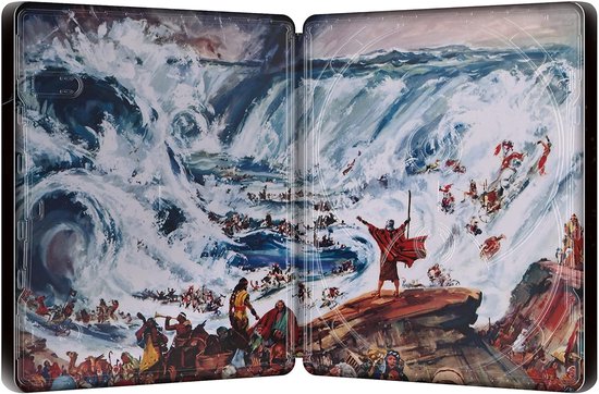 Open steelbook met kunstwerk van de Rode Zee die splijt, met een man in rood gewaad die een staf omhoog houdt.