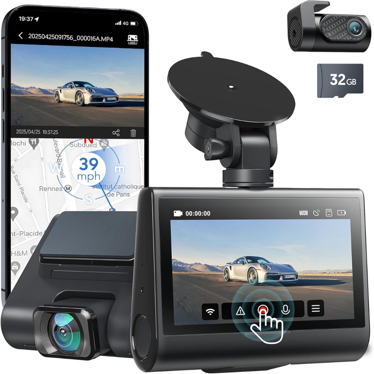 VH Supplies® Dashcam voor Auto - Dashboard Camera - Voor en Achter Camera - 4K + 1080P - 32 GB SD-kaart