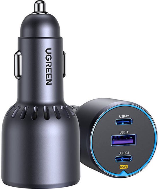 UGREEN Autolader 75W 3 Poorten USB-C Snellader Auto USB-A Oplader Veilig & Snel Grijs