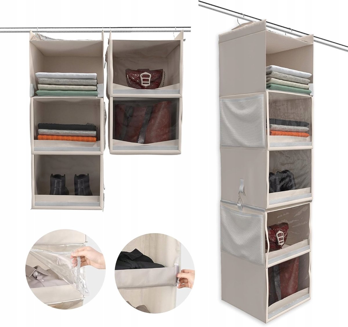 Hangende Kleding Organizer met 5 Vakken & Stofdichte Cover - Beige