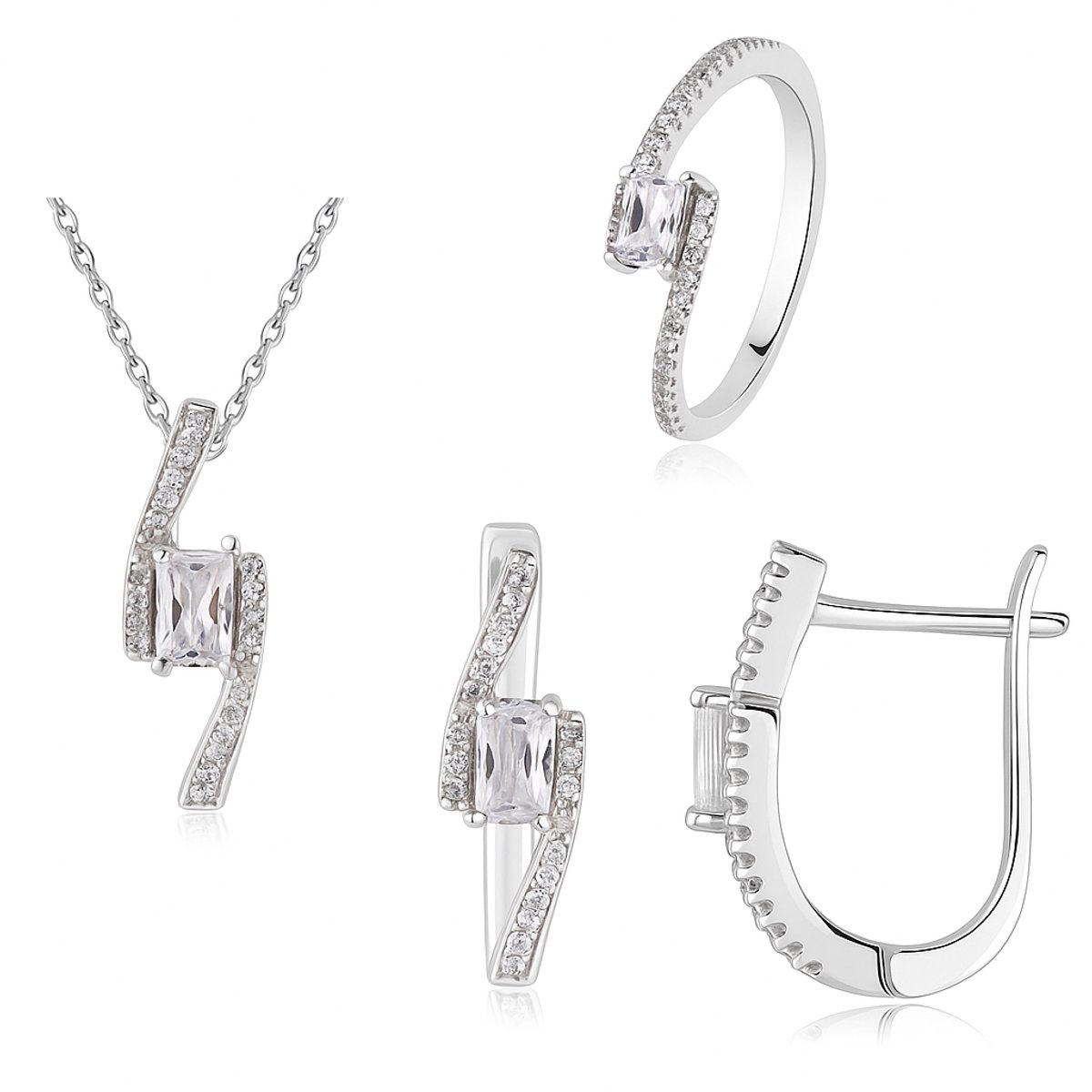 Zilveren dames sieradenset – Zirkonia swirl design - Ringmaat 16