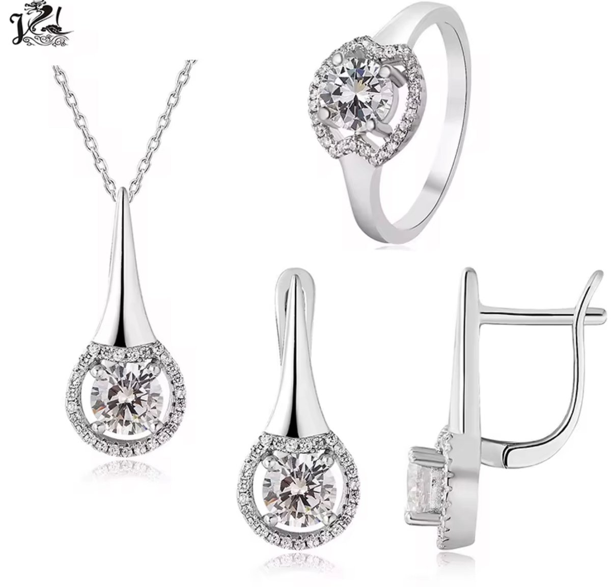 Zilveren dames sieradenset Zirkonia halo design - luxe set– Ringmaat 16