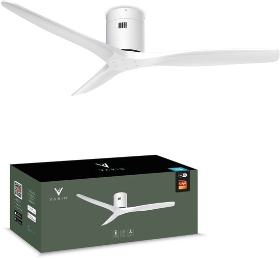 Varin® Smart Plafondventilator - Wit- Tuya Wifi - LED CCT - Lange bladen - Ø 132cm - 6 snelheden - Super stil 20dB - Met afstandsbediening en gratis app - Ventilatorkachel - Ventilatoren plafond - Plafondventilator - Plafond ventilator slaapkamer