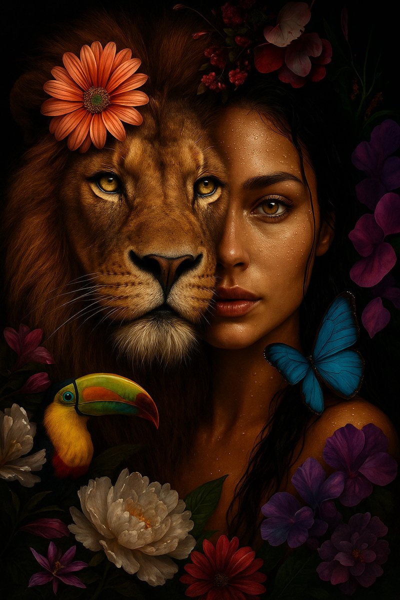 Royal Bloom – The Lioness & The Muse - Luxe Wanddecoratie van Art-Empire – Kristalhelder Plexiglas 5mm – Zwevend Aluminium Ophangsysteem – Galerie-kwaliteit op Maat