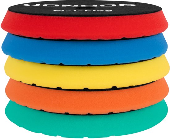 Stapel van vijf VONROC polijstschijven in de kleuren groen, oranje, geel, blauw en rood, elk met een zwarte achterkant.