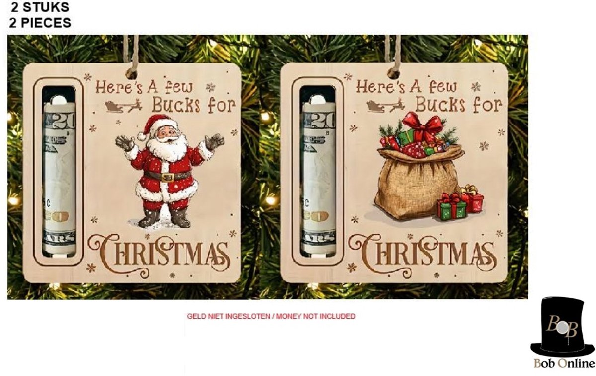 Bob Online™ – Houten Kerstboom Geldhanger Ornamenten (2 stuks) – Kerstman & Cadeau Ontwerp - Wooden Christmas Tree Money Hanging Ornaments (2 pcs) – Father Christmas & Gift Design