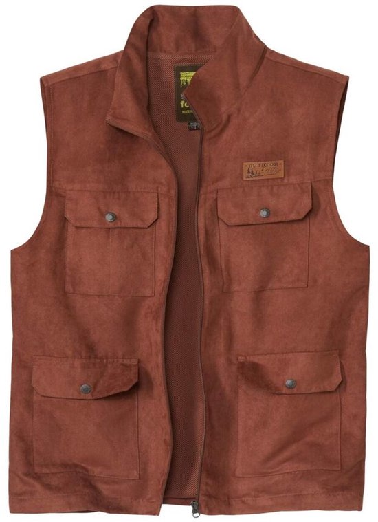 Bruin suède vest met opstaande kraag, ritssluiting en vier zakken met knoopsluiting.