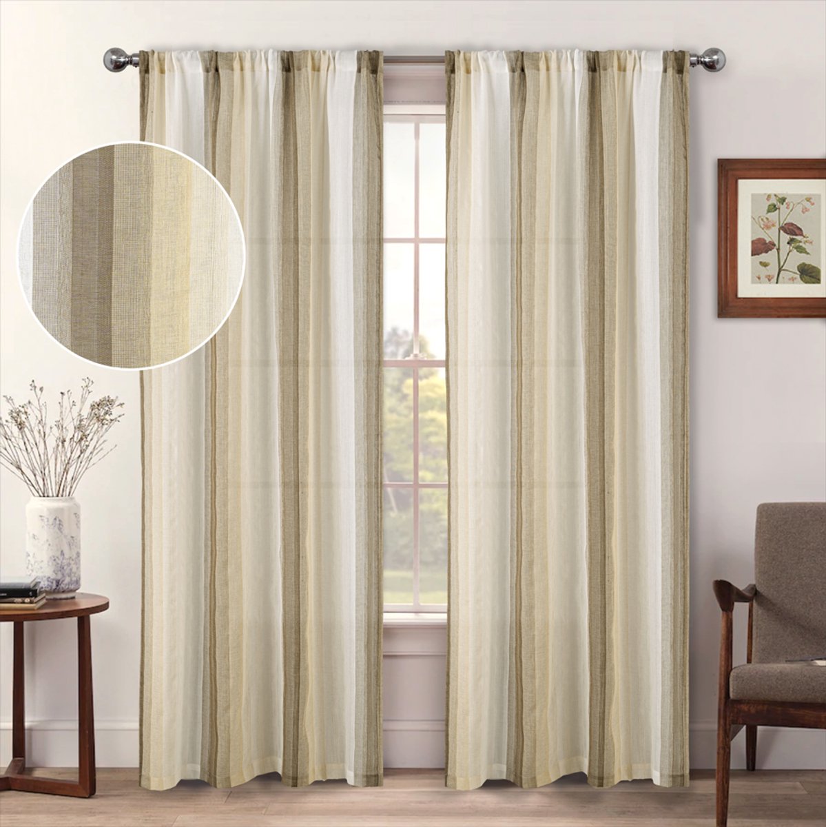 Floraweg Boerderij linnen mix gordijnen met verticale strepen, Boho linnen gaasgordijnen die licht filteren voor deurramen, voor woonkamer interieur,beige,135x160cm