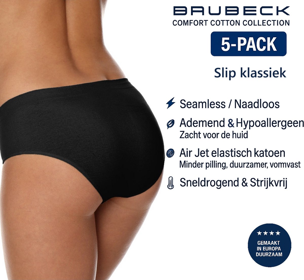 Brubeck Dames Slip Klassiek – Naadloos (Seamless) Elastisch Katoen – 5-Pack - Zwart M