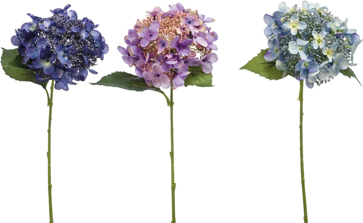 Emerald Kunstbloem Hortensia 50cm Blauw - Set van 3 - Kunstplant voor binnen Donkerblauw, Paars & Lichtblauw - Set van 3