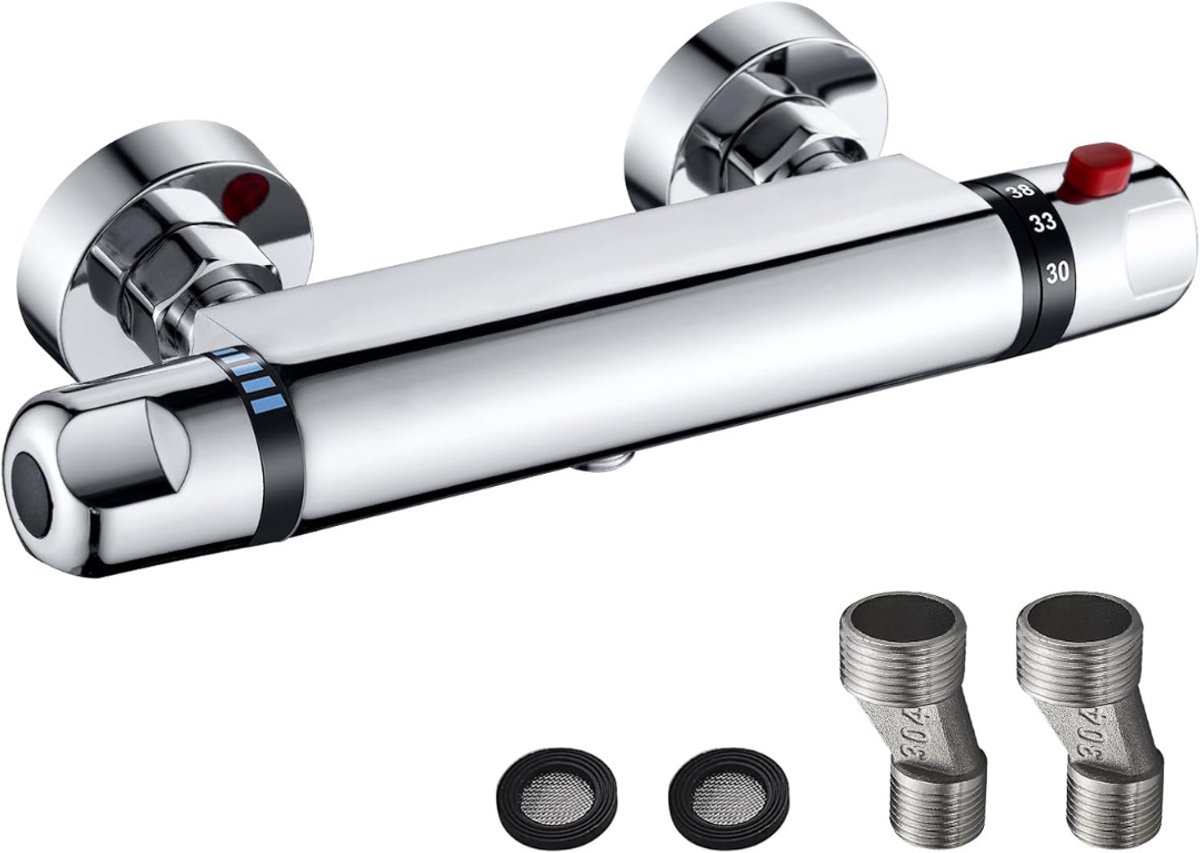 Goodivery® - Doucheset - Douche Set - Douchesysteem - Douchemengkraan met thermostaat, douchethermostaat - met 38 °C veiligheidsknop - douchekraan - 32 x 10 x 7 cm - Zilver