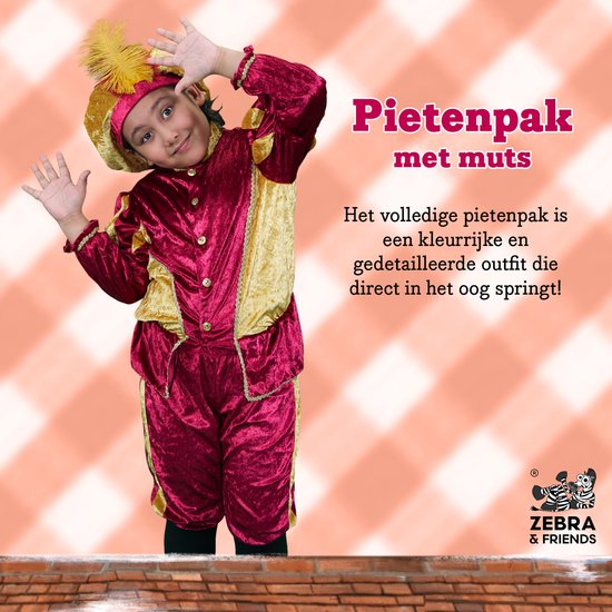 Kind draagt een kleurrijk bordeaux en goud pietenpak met bijpassende pietenmuts.