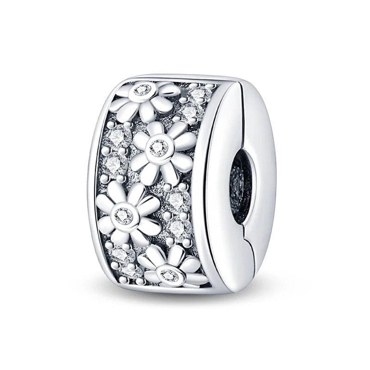 Fler® | Bedel | Past op populaire bedelarmbanden (standaard - 3mm) | Zilveren Margriet Clip Bedel | Hangbedel Charm | 925 sterling zilver | Transparente zirkonia | Armband Kraal | Valentijnsdag Cadeau | Sinterklaas kado | Kerstcadeau | Verjaardag