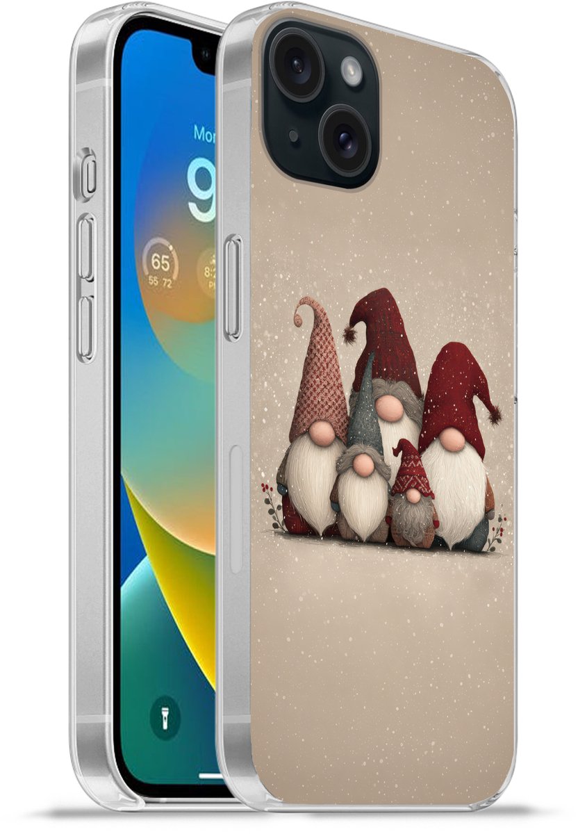 Telefoonhoesje Geschikt voor iPhone 15 Plus hoesje - Kabouters - Kerst - Sneeuw - Puntmutsen - Siliconen Telefoonhoesje Telefoonhoesje