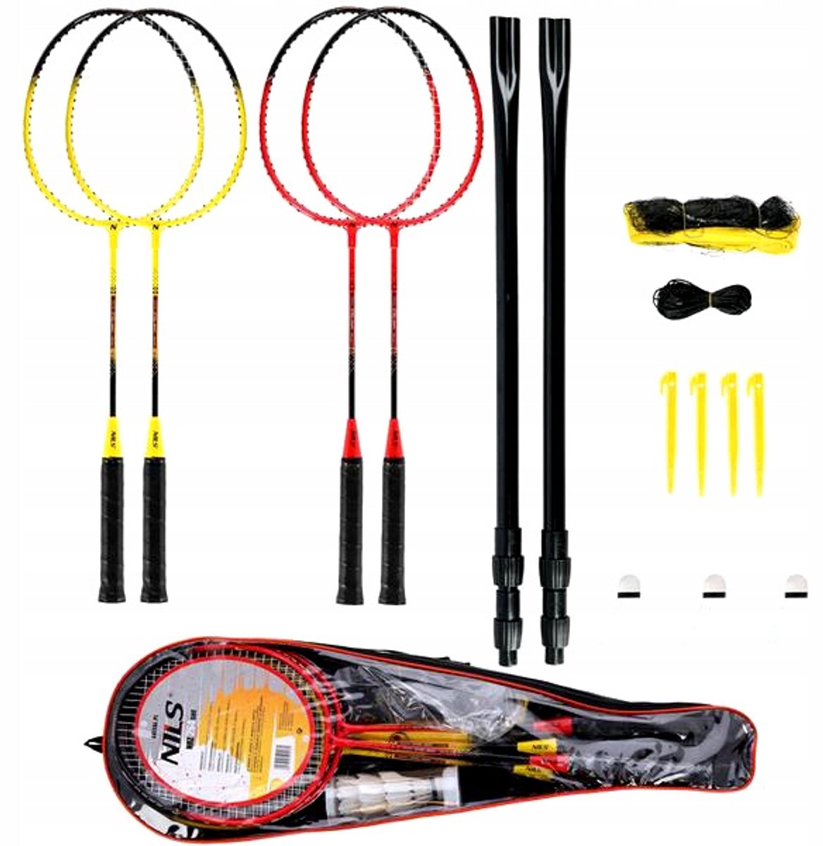 Badmintonset: 4 aluminium rackets, 3 verenshuttles, net en tas