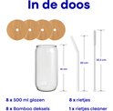 Inhoud van de doos: 8 glazen van 500ml, 8 bamboedeksels, 8 rieten (20cm), 1 rieten cleaner (22,5cm).