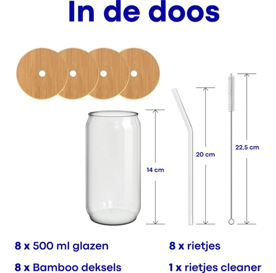 Inhoud van de doos: 8 glazen van 500ml, 8 bamboedeksels, 8 rieten (20cm), 1 rieten cleaner (22,5cm).