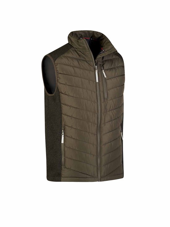 Olijfgroene gewatteerde bodywarmer met donkergrijs gebreide zijkanten, staand op een witte achtergrond.