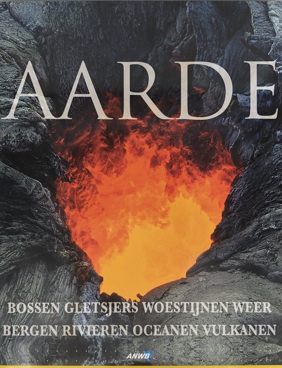Boek met de titel "AARDE" en afbeelding van een vulkaanuitbarsting.