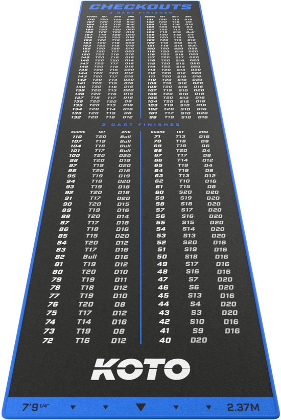 KOTO - Carpet Checkout Dartmat - Blauw 237 x 60 cm - Score Indicator - Antislip