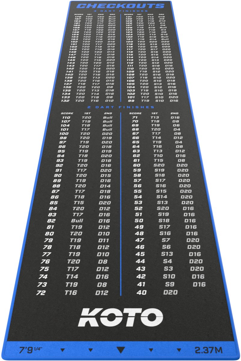 KOTO - Carpet Checkout Dartmat - Blauw 237 x 60 cm - Score Indicator - Antislip