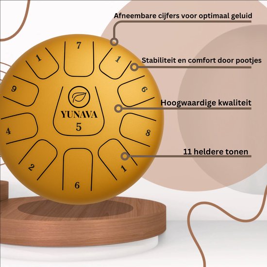 Yunava Handpan - 30 cm ø - Goud - Steel Tongue Drum - Hand Klankschaal incl. Lesboek & Beschermtas - Hangdrum van Merkloos — afbeelding 2