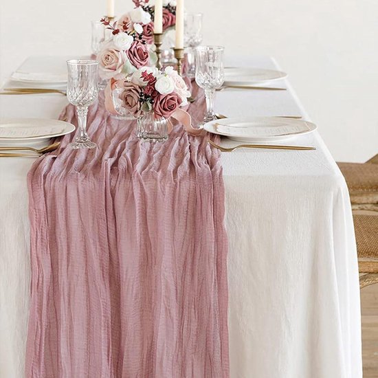 Kaasdoek Tafelloper, 300 x 90 CM Boho Gaas Tafelloper voor Bruiloften, Verjaardagen, Babyshowers, Kerstmis en Oud & Nieuw Tafeldecoratie (Roze