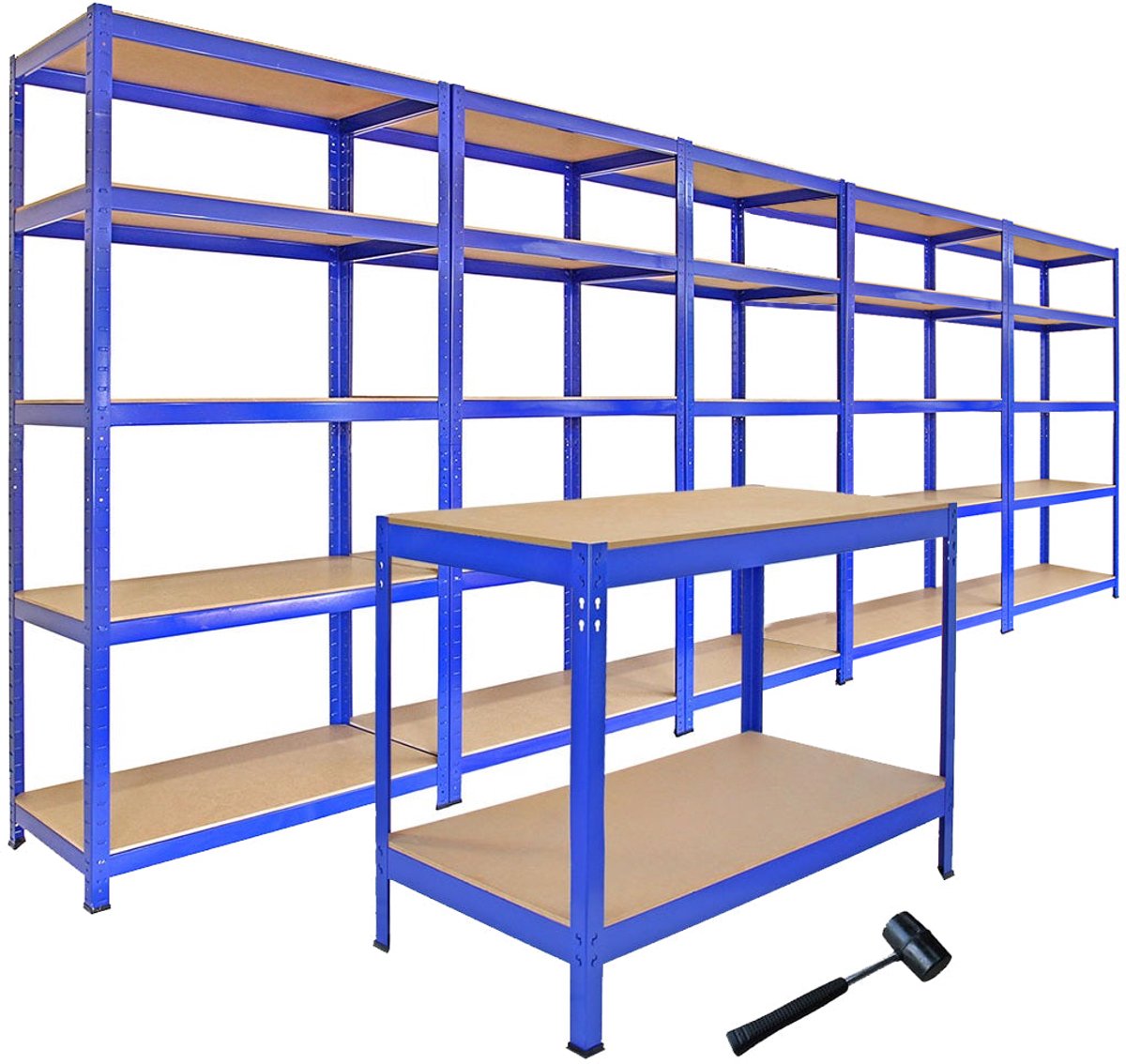 5x T-Rax rek + werkbank set 200kg/plank blauw staal garage schuur stelling bundel