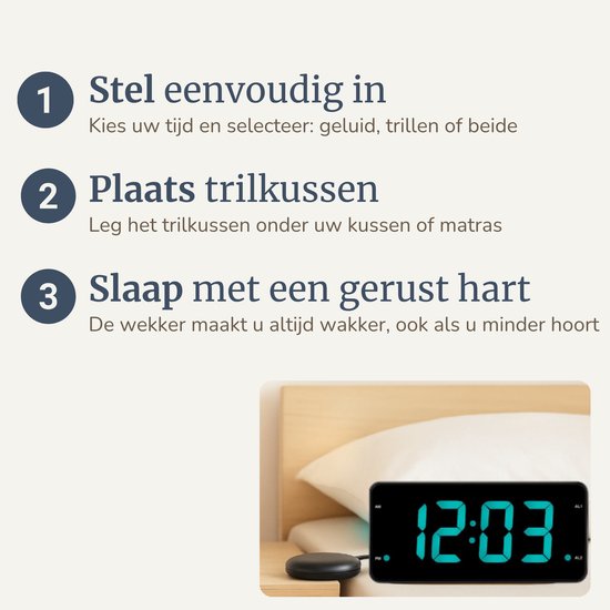 Trilwekker met Trilkussen voor Slechthorenden & Doven – Wekker voor Senioren, Pubers & Diepe Slapers - Seniorenwekker - Digitale Wekker met Trilfunctie – Extra Luid met Trilschijf