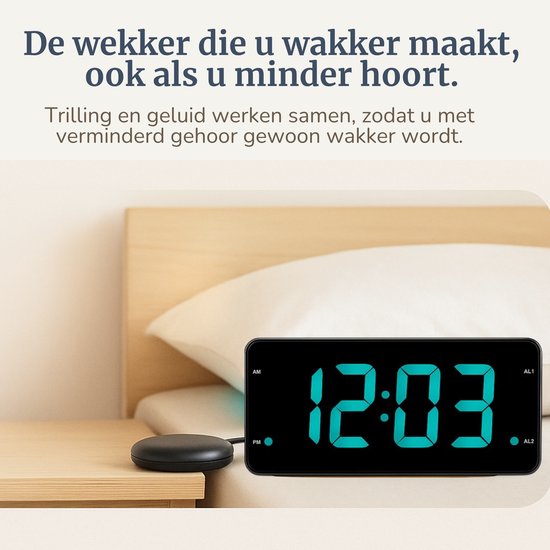 Trilwekker met Trilkussen voor Slechthorenden & Doven – Wekker voor Senioren & Diepe Slapers - Seniorenwekker - Digitale Wekker met Trilfunctie – Extra Luid met Trilschijf