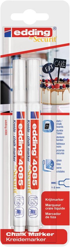 edding 4085 krijtmarker - 2 witte raamstiften - ronde punt 1-2 mm - raamstiften voor borden, ruiten, glas, spiegels - krijtstift voor ramen zijn afwasbaar en uitwisbaar